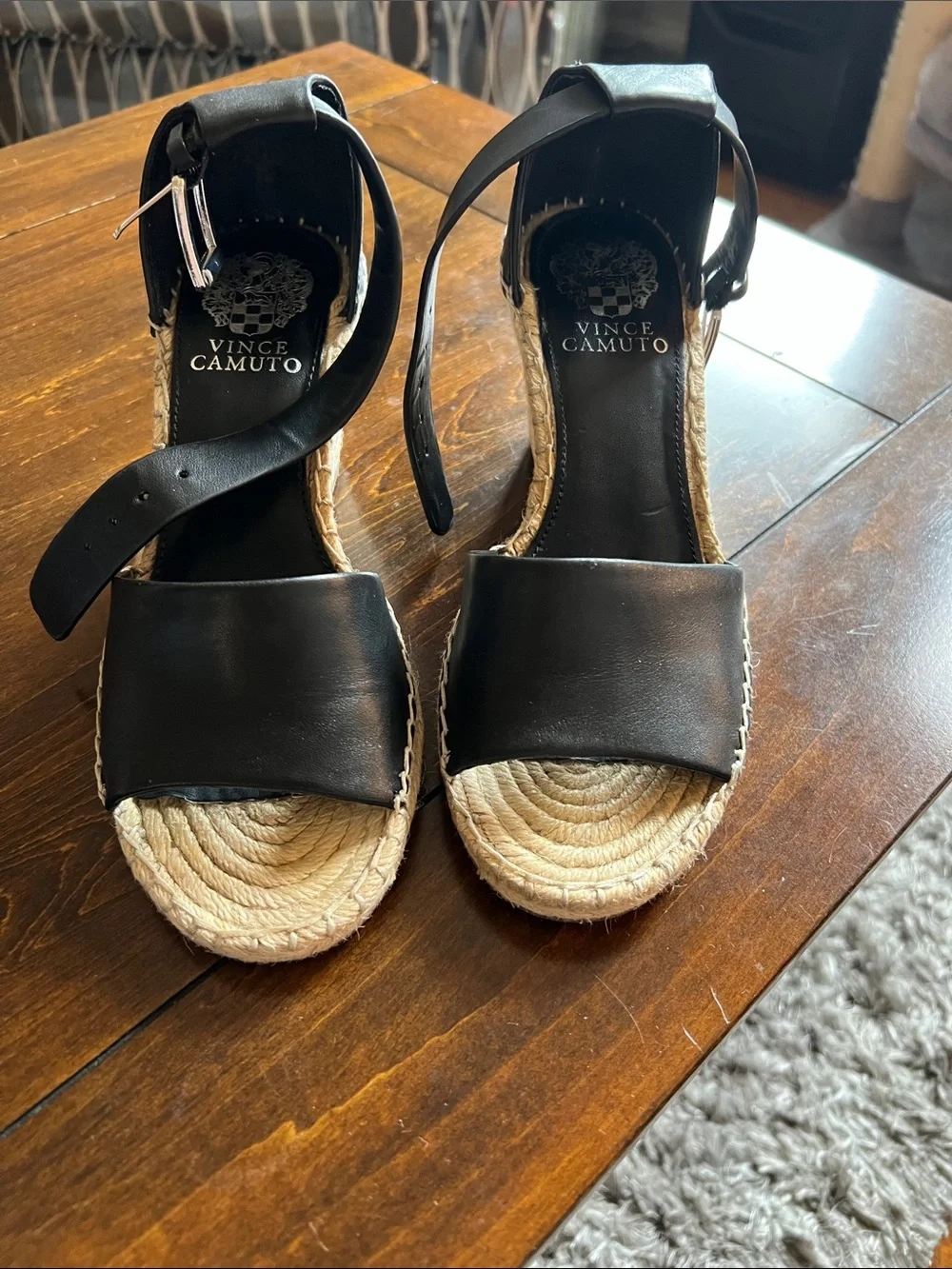 Vince Camuto Black Espadrille Wedge Sandals with Ankle Buckle